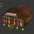 Traditional Wooden House With Brown Tiled Roof Elevated Base And Wooden Stairs