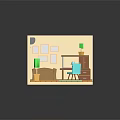 Cartoon Bedroom Scene With Wooden Bed Green Plants Blue Rug Wall Pictures And Air Conditioner