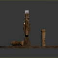Decorative Axe Display With Intricate Metal Head Wooden Handle On Round Base And Scroll