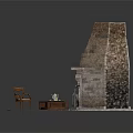 Interior Scene With Stone Fireplace Sofa Chair Coffee Table And Rug 3d model