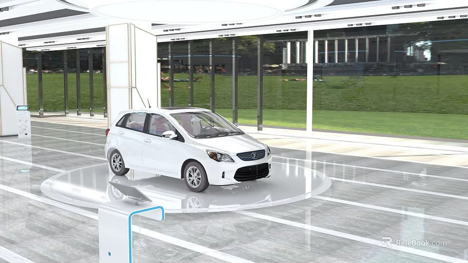 White Car Displayed On Circular Platform In Modern Glass Walled Showroom With Green Lawn 3d model 