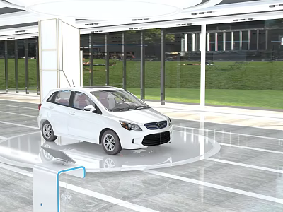 White Car Displayed On Circular Platform In Modern Glass Walled Showroom With Green Lawn 3d model
