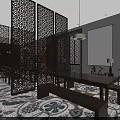 Elegant New Chinese Style Sales Office With Carved Hollow Wooden Screens And Cozy Negotiation Area