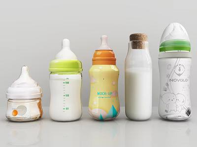 Ceramic Baby Bottles With Colorful Lids And Varied Designs For Infant Feeding 3d model