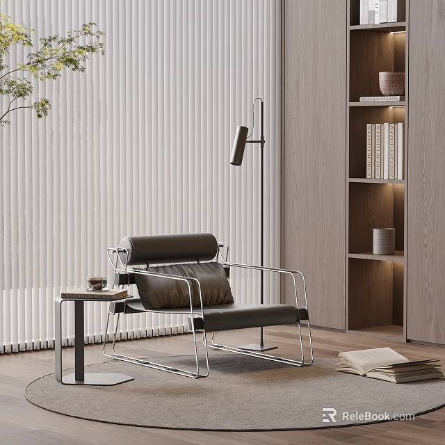 Modern Black Leather Lounge Chair With Metal Frame And Side Table In Cozy Interior Space 3d model 