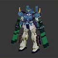 Blue And White Mecha Robot Action Figure With Yellow Horns And Weapons 3d model