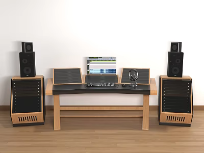 Functional Wooden Desk with Laptop Microphone Speakers Side Cabinets and Design 3d model