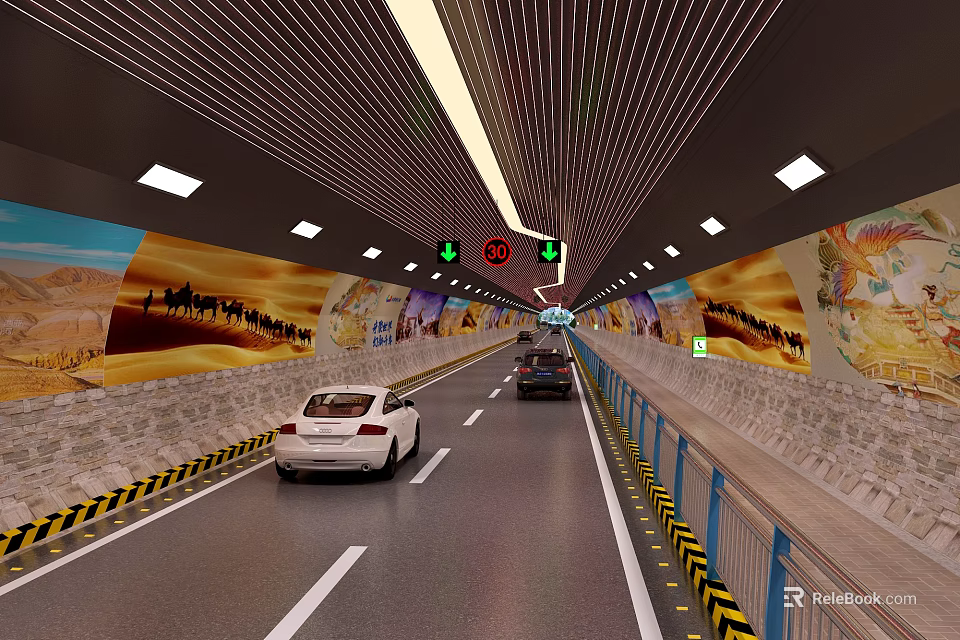 Road Tunnel With Traffic Lights Mural Paintings Guardrails And Vehicle Lanes 3d model 