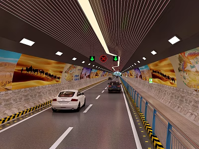 Road Tunnel With Traffic Lights Mural Paintings Guardrails And Vehicle Lanes 3d model
