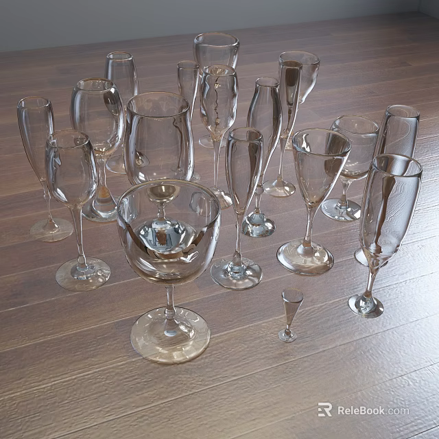Collection of Transparent Wine Bottles and Glasses Arranged on Wooden Floor 3d model 