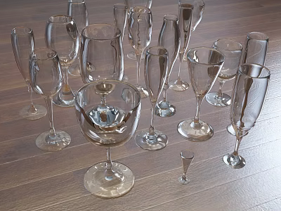 Collection of Transparent Wine Bottles and Glasses Arranged on Wooden Floor 3d model