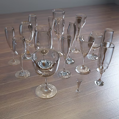 Collection of Transparent Wine Bottles and Glasses Arranged on Wooden Floor 3d model