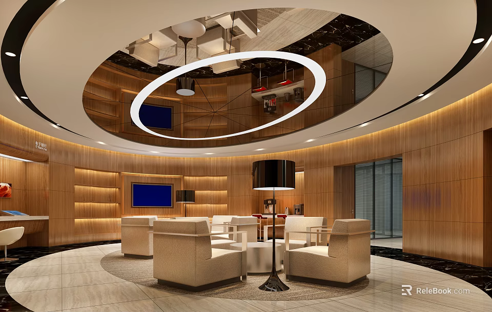 Elegant Hotel Public Lounge Interior With Circular Ceiling Lighting Wooden Walls And Beige Sofas 3d model 