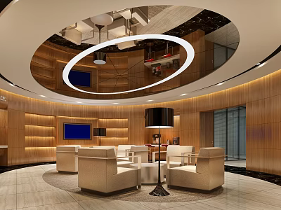 Elegant Hotel Public Lounge Interior With Circular Ceiling Lighting Wooden Walls And Beige Sofas 3d model