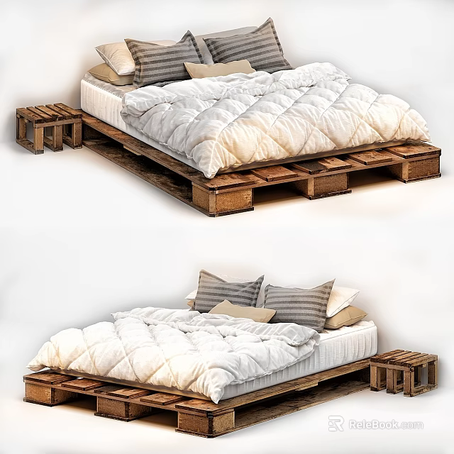 Pallet Wooden Double Bed with White Quilt Decorative Pillows and Small Stools 3d model 