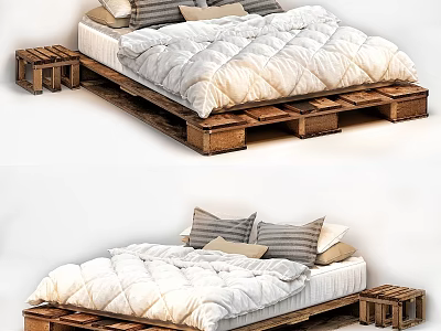 Pallet Wooden Double Bed with White Quilt Decorative Pillows and Small Stools 3d model