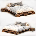 Pallet Wooden Double Bed with White Quilt Decorative Pillows and Small Stools