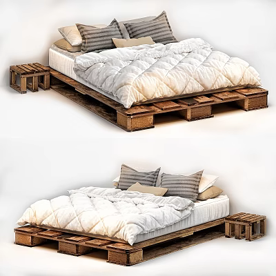 Pallet Wooden Double Bed with White Quilt Decorative Pillows and Small Stools 3d model