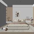Modern Bedroom Interior With Wooden Wardrobe Beige Bed Desk Chair Carpet And Ambient Lighting