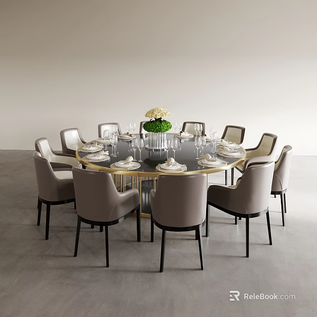 Modern Round Dining Table Set With Gray Chairs And Flower Centerpiece 3d model