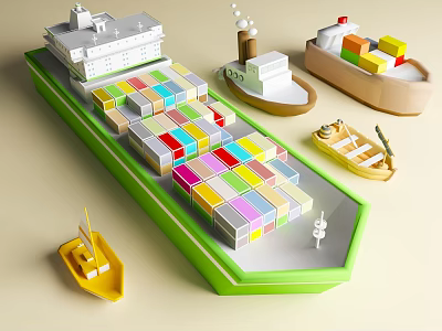 Water Transport Vehicles Such as Container Ship Small Boat and Cargo Vessel Displaying Colorful Containers 3d model