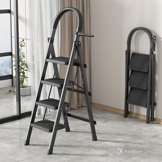Black Folding Ladder With Four Non Slip Steps And Metal Frame For Indoor Home Use 3d model 