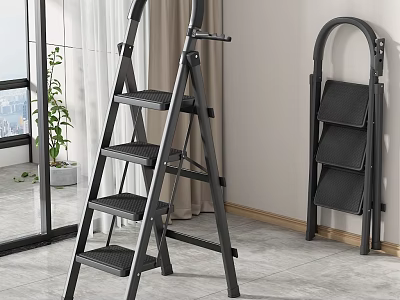Black Folding Ladder With Four Non Slip Steps And Metal Frame For Indoor Home Use 3d model