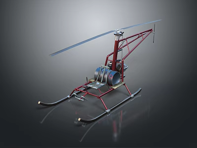 Red Mechanical Helicopter Model With Rotor Blades Engine And Ski Landing Gear 3d model