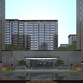 Modern Entrance Gate Design With High Rise Residential Building Water Pool And Green Plants