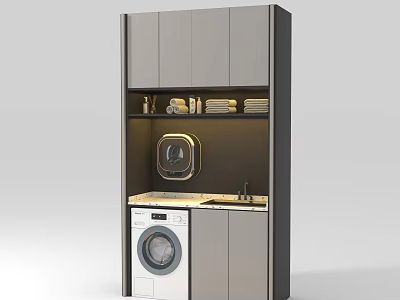 Modern Bathroom Vanity Cabinet With Washing Machine Shelves Towels And Faucet 3d model