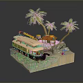 Miniature 3D Scene Model With Palm Trees Small House Boat Excavator And Water