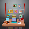Wooden Display Stand With Red Frame Hanging Colorful Food Images And Table Items