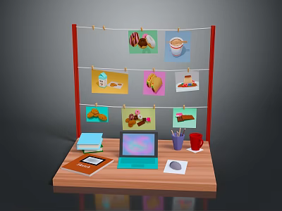 Wooden Display Stand With Red Frame Hanging Colorful Food Images And Table Items 3d model