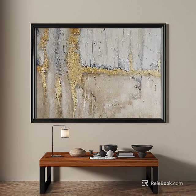 Black Framed Abstract Painting with Gold Gray Brush Strokes on Beige Wall Wooden Table Decor 3d model 