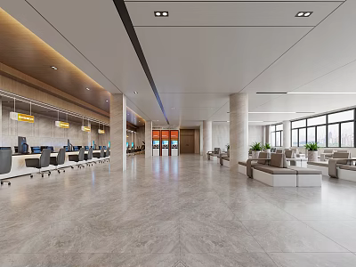 Spacious Modern Service Hall Interior With Desks Waiting Area Sofas And Plants 3d model