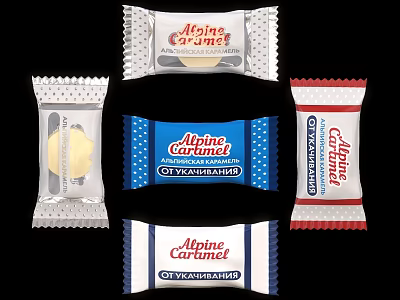 Alpine Caramel Candies With Various Wrapper Designs And Sweet Treat 3d model