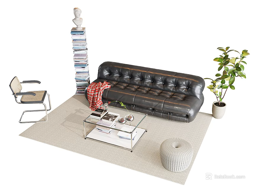 Black Leather Tufted Sofa Coffee Table Set with Glass Top and Potted Green Plant 3d model 