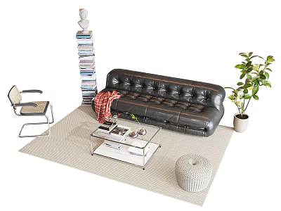 Black Leather Tufted Sofa Coffee Table Set with Glass Top and Potted Green Plant 3d model