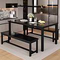 Modern Restaurant Interior With Black Dining Table Bench And Marble Countertop 3d model