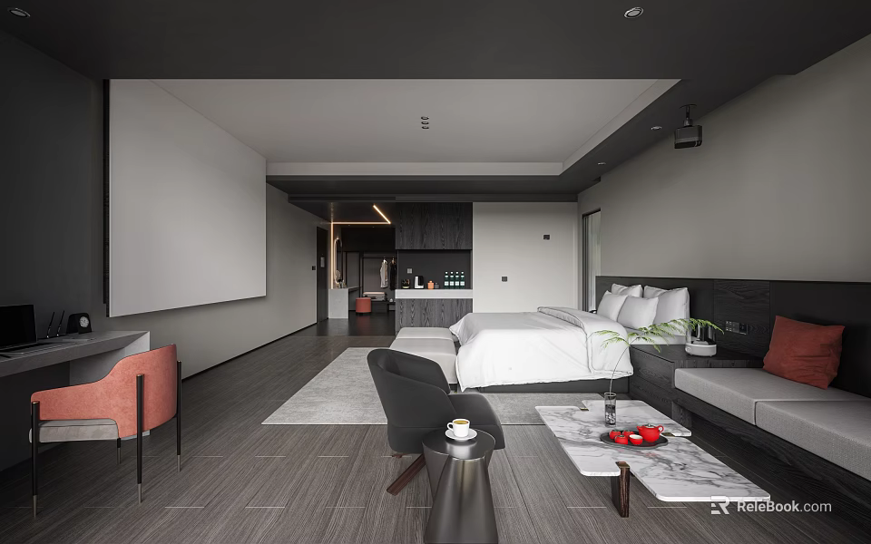 Modern Hotel Guest Room With Bed Sofa Coffee Table Open Layout Gray Tones Marble Accents 3d model 
