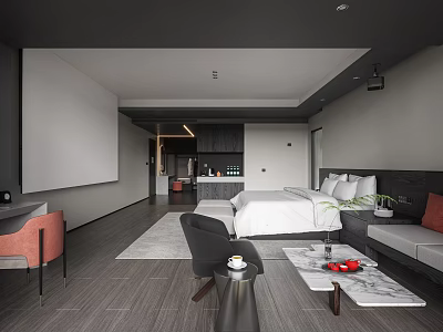 Modern Hotel Guest Room With Bed Sofa Coffee Table Open Layout Gray Tones Marble Accents 3d model