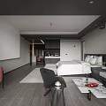 Modern Hotel Guest Room With Bed Sofa Coffee Table Open Layout Gray Tones Marble Accents