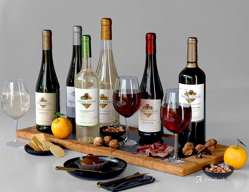 Fresh Fruits Nuts And Cured Meat With Wine Bottles And Glasses On Wooden Tray 3d model 