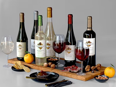Fresh Fruits Nuts And Cured Meat With Wine Bottles And Glasses On Wooden Tray 3d model