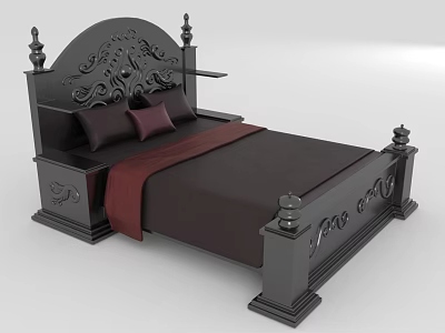 Elegant Black Double Bed With Carved Headboard Decorative Bedposts And Red Bed Runner 3d model