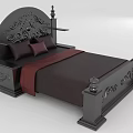 Elegant Black Double Bed With Carved Headboard Decorative Bedposts And Red Bed Runner 3d model