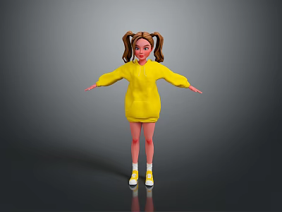 Playful Girl With Pigtails In Yellow Hoodie And Yellow Shoes Stretching Arms Against Gray Background 3d model