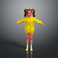 Playful Girl With Pigtails In Yellow Hoodie And Yellow Shoes Stretching Arms Against Gray Background