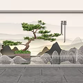 Courtyard Garden with Bonsai Pine Tree Mountain Landscape Lanterns Wavy Structures and Stone Pavement