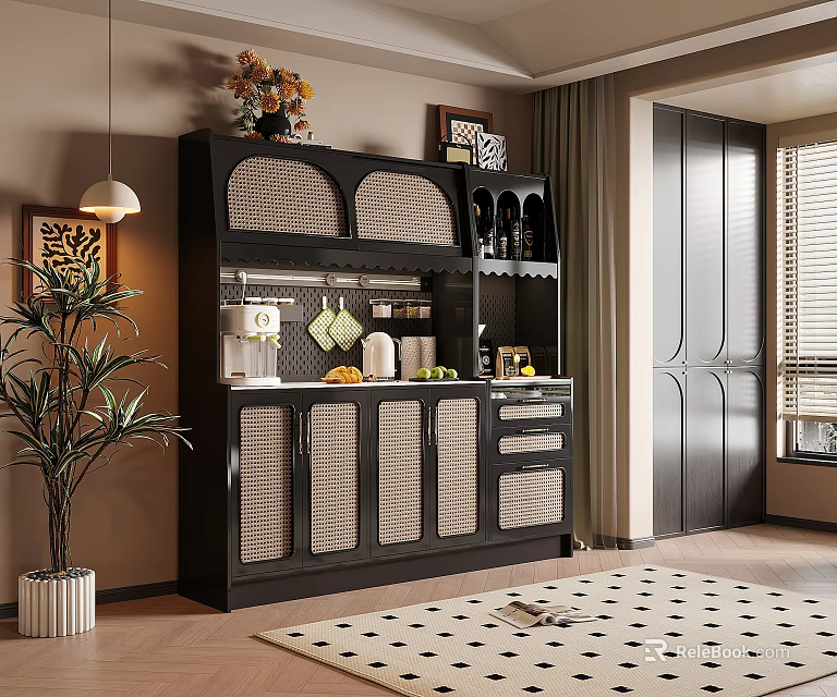 Modern Restaurant Interior With Black Rattan Sideboard Open Shelves Green Plant And Wooden Floor 3d model 